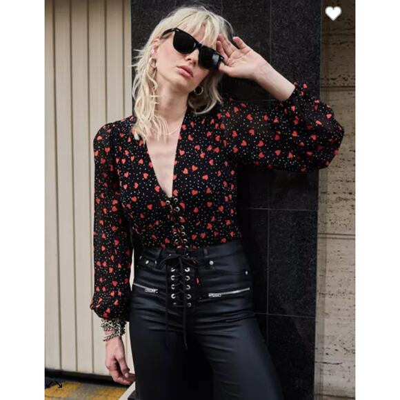 The Kooples So In Love Printed Lace-Up Peplum Top Heart Womens Size 2 Small - Picture 1 of 16